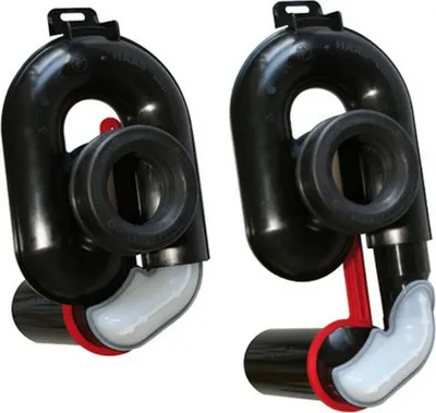 Two black urinal drain traps are shown against a white background.