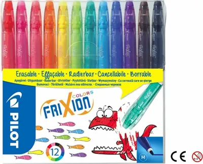 Produktbild von Pilot FriXion Colors, Medium, 12 Farben, Schwarz, Blau, Cyan, Grün, Helle Cyan, Hellgrün, Orange, Pink, Rot, Violett, Gelb, Rundspitze, 2,5 mm, 0,69 mm