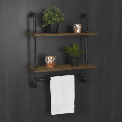 Produktbild von Regal Wandregal Industriestil 2 Ebenen Holz Rohr Handtuchhalter 60 cm Büro