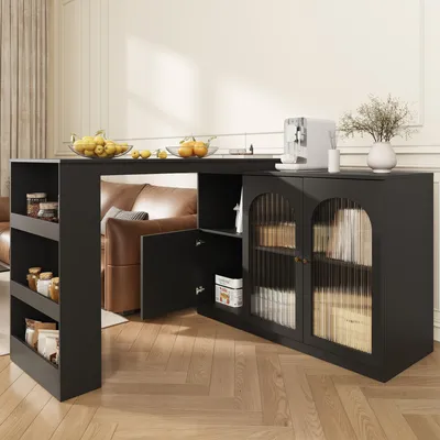 Image de OKWISH Tables de Bar - Table Pivotante 360° avec Vitrine en Verre et Rangement Latéral, Noir, 120x40x97 cm
