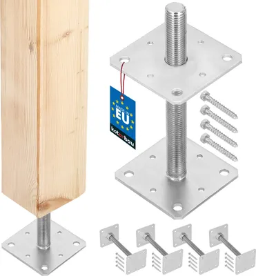 A wooden post is shown attached to a metal post anchor, with other post anchors and screws displayed separately.