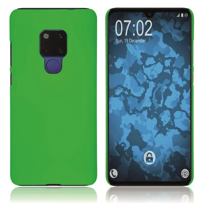 A green phone case is shown next to a smartphone displaying the time and date.