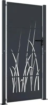 A dark gray metal garden gate with a cut-out grass design.