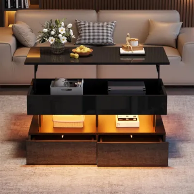 Produktbild von Couchtisch Sofatisch mit höhenverstellbarer Tischplatte, Hochglanz-Beistelltisch mit LED,kaffeetisch mit 2 Schubladen 100 x 50 x 46 cm