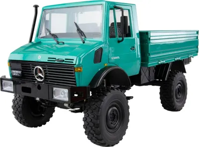 A green Mercedes-Benz Unimog truck is shown from a three-quarter front view against a white background.