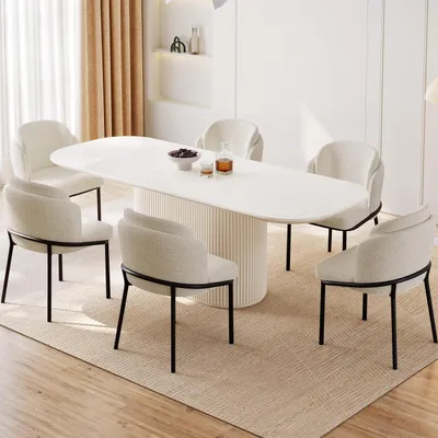 Image de Ensemble table de salle à manger avec 6 chaises, design scandinave, blanc, 220 cm