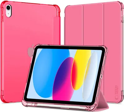 A pink iPad case and iPad are displayed against a white background.