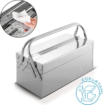 A shiny metal toolbox with a handle, shown on a white background. A circular inset shows a hand wiping a wet metal surface with a tissue.