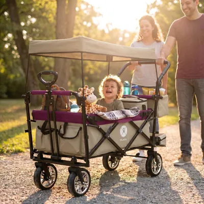 Produktbild von Miweba Bollerwagen MB-20 faltbar | Transportwagen mit Dach - Handwagen - Transportkarre - Hartgummireifen - mit Anschnall-Gurt -bis 100 kg (Beige/Rot)