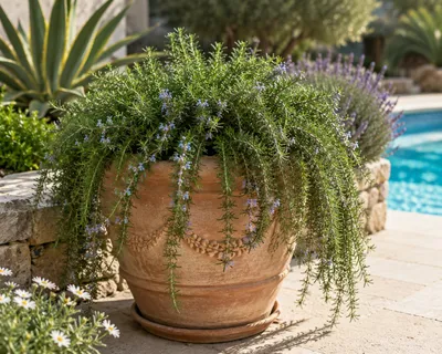 Immagine prodotto di Rosmarino rampicante "Prostratus" in vaso da 12 cm – resistente al freddo, sempreverde e aromatico, ideale per balconi, giardini e cucina, Immagine generata dall'IA