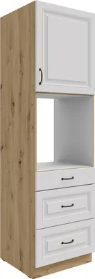Produktbild von Küchen Backofen Hochschrank 60 cm mit Schubladen Stilo Weiss + Eiche Artisan Küchenzeile Küchenblock Einbauküche Landhaus Küche