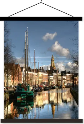Produktbild von MuchoWow® Textilposter Groningen - Grachtenhaus - Segelboot 40x53 cm mit schwarzem Rahmen - Abbildung