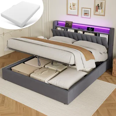 Obrázek produktu pro MODFU Čalouněná postel 180×200, postel pro mládež s matrací, LED světlo a zásuvky, boxspring postel s úložným prostorem, šedá