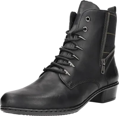 A black leather boot with laces and a side zipper.