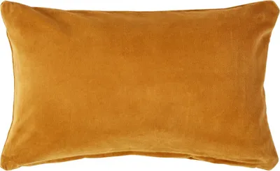 A close-up, front-facing view of a rectangular mustard yellow pillow.