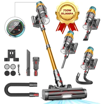 A collage of a cordless vacuum cleaner and its accessories, with a marketing badge.
