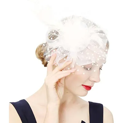 Produktbild von Perlen Dekor Dot Print Metall Clip Fascinator Hut Mesh Blume Feder Dekor Party Kopfbedeckung Haarschmuck-Weiß