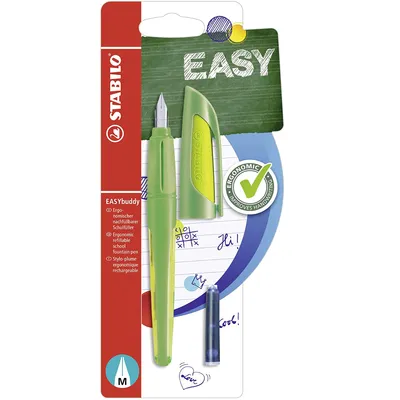 Immagine prodotto di Stilografica per la scuola con pennino standard M - STABILO EASYbuddy in lime/verde - colore di scrittura blu (cancellabile) - penna singola - cartuccia inclusa