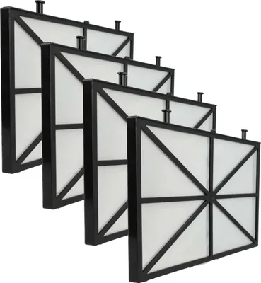 Four pool filter cartridges are arranged in a diagonal line, with each cartridge slightly smaller than the one in front of it.