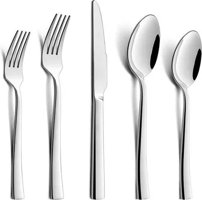 Image de Ensemble de couverts Unyqoos® de 30 pièces pour 6 personnes – en acier inoxydable poli miroir, comprenant 6 couteaux, 6 fourchettes, 6 cuillères à soupe, 6 fourchettes à gâteau et 6 cuillères à café, compatible lave-vaisselle