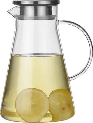 Produktbild von 1800ml Karaffe Glas Krug Krug Bleifrei Borosilikatglas Wasserkocher mit Kristallgriff und Edelstahl Deckel für Milch, Rotwein, kaltes Wasser, Fruchtsaft, heißen Kaffee, EIS Getränke etc