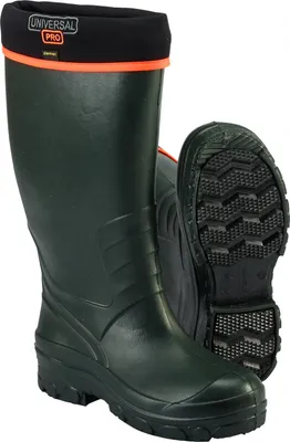 A pair of green rubber boots with black lining and orange trim.