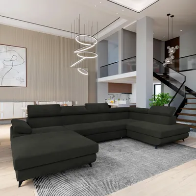 Produktbild von Masseno Ecksofa RUBANO R-S mit Schlaffunktion U-Form, Sofa mit Bettkasten, Wohnzimmersofa, Couch, Soffa, Bettsofa, Couchgarnitur- Schwarz, MONOLITH 95