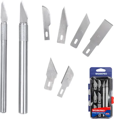 Produktbild von WORKPRO Schnitzwerkzeug Set (8-teilig) Schnitzmesser-Set mit Aluminiumgriff und blauem Kunststoffetui, 6 Klingen, ergonomisch Griffe