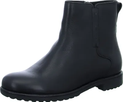 A black leather boot on a white background.
