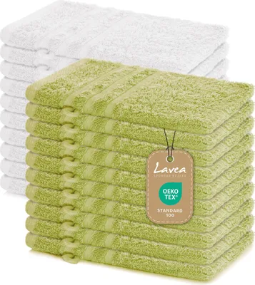 Produktbild von Lavea® 20er Waschhandschuh Set Elena, 100% Baumwolle Frottee, Waschlappen saugstark & weich, für Körper und Gesicht, 60 °C, trocknergeeignet, Lindgrün & Weiß, 15 x 21 cm