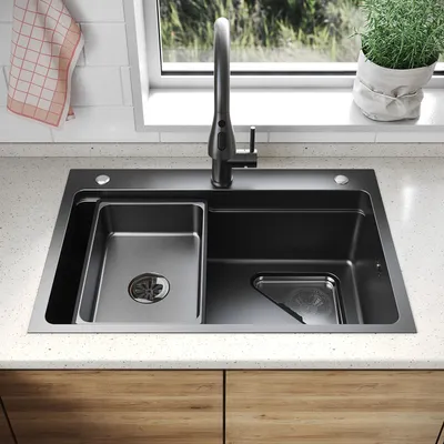 Produktbild von SONNI Breite Seite quadratisches Spülbecken 70 x 48 x 24 cm, schwarz,  mit dreieckigem Sieb , Abtropfbecken, Wasserhahn