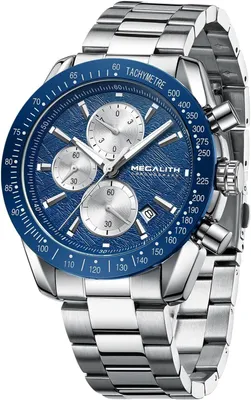 Produktbild von Herrenuhr Chronograph Analog Quarz Edelstahlarmband Wasserdicht 45mm Silber Schwarz Blau Armbanduhr für Männer Großes Zifferblatt Geschenkidee