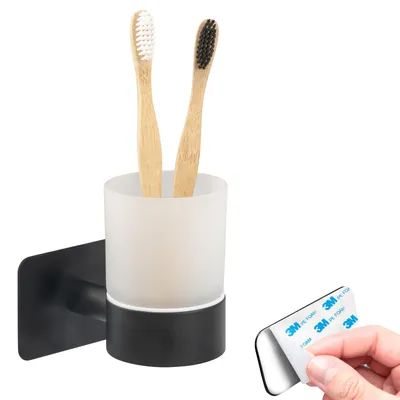 Produktbild von bremermann Bad-Serie PIAZZA BLACK TAPE - Zahnputzbecher ohne Bohren - mit Klebepad, aus Glas und Edelstahl, matt schwarz