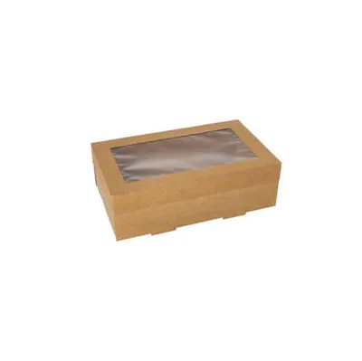 Produktbild von Transport- und Catering-Kartons, Pappe eckig 8 cm x 15,3 cm x 25,5 cm braun mit separatem Deckel und Sichtfenster aus PET