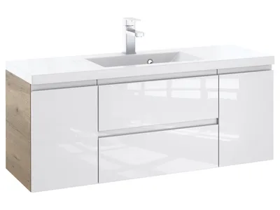 Produktbild von Badunterschrank 120 cm mit Waschbecken – Korpus Eiche-Optik & Front Weiß Hochglanz, Vormontiert, Waschtisch-Set modern