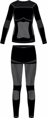 A set of black and grey thermal underwear for women, consisting of a long-sleeved top and leggings, laid out flat against a white background.