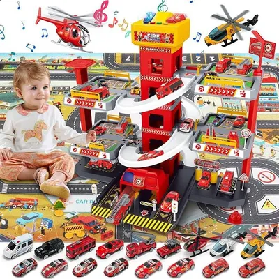 Imagen del producto de Estacionamiento infantil de 5 niveles, circuito de carreras con 14 coches de juguete y 3 helicópteros, garaje con ascensor, circuito de carreras con luces y sonido, regalo para niños de 5 a 9 años