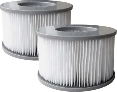 Two cylindrical filters with pleated white filter material and gray plastic tops and bottoms are shown against a white background.