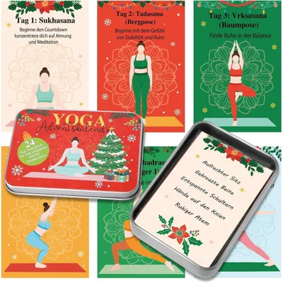 Produktbild von Yoga Adventskalender Frauen 24 Karten in Dose Entspannung Fitness Therapie