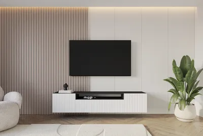 Produktbild von ALTDECOR TV-Schrank KITO-W mit Gefrästen Fronten 200x40x41 Lowboard hängend, TV Möbel, TV Cabinet, Fernsehtisch, Fernsehschrank, TV Kommode, TV Tisch, TV Sideboard, TV Board - Schwarz / Weiß