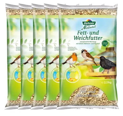 Produktbild von Dehner Natura Premium Wildvogelfutter, Fettfutter / Weichfutter, Ganzjahresfutter artgerecht / kraftspendend , hochwertiges Vogelfutter für Wildvögel, im Set, 5 x 2.5 kg (12.5 kg)