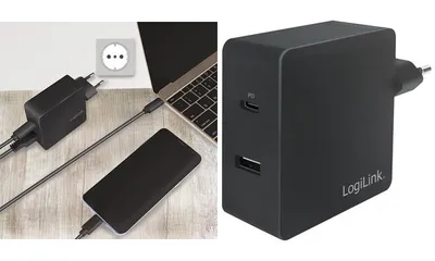 Produktbild von LogiLink USB Steckdosenadapter, 1x USB-C Port & 1x USB-A Port, 65W, Drinnen, AC, 20 V, Schwarz