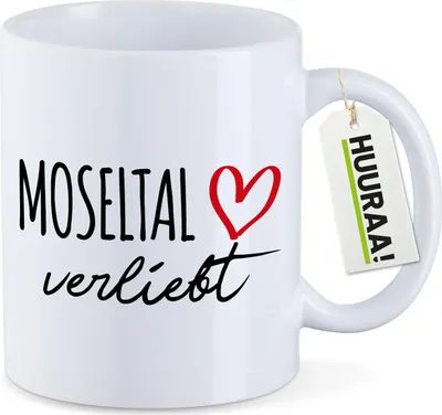 Produktbild von Huuraa Kaffeetasse Moseltal verliebt 330ml Weiß Keramik Kaffeebecher Geschenkidee