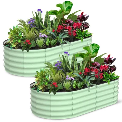 Image de Jardinière surélevée en métal - Jardinière ovale en acier galvanisé - Fond ouvert - Bord de sécurité - Lot de 2 - 183 x 91 x 61 cm - Vert