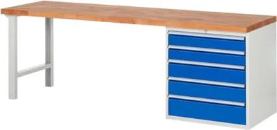 Produktbild von Werkbank mit 5 XL Schubladen - Vollauszug - 120:2 / 150:2 / 180:1 - 840 x 2.500 x 700 mm (HxBxT) - Traglast 1.000 kg - Buche
