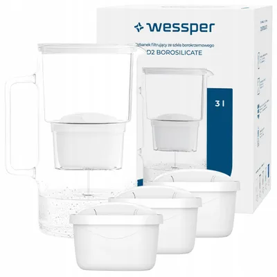 Zdjęcie produktu dla Szklany dzbanek Wessper D2, pojemność 3 litry, wykonany z borosilikatowego szkła, z wyjmowalnym filtrem Aquamax