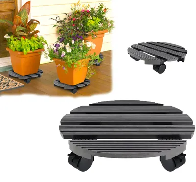 Produktbild von QEENTOE Runder Pflanzenroller 30x30cm WPC 2 Stück Dunkelgrauer Blumenuntersetzer mit PP-Rädern. Kübelrollbrett für Innen, Balkon und Außenbereich