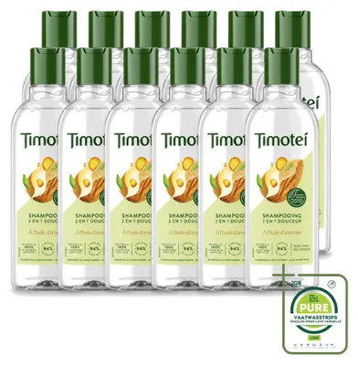 Zdjęcie produktu dla 12 sztuk szamponu Timotei 2w1 z olejem migdałowym, przeznaczony do wszystkich rodzajów włosów, pojemność 300 ml - opakowanie zbiorcze