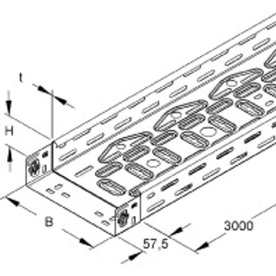 A technical drawing of a cable tray with dimensions and labels.