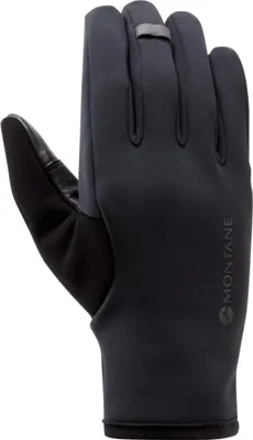 Schwarzer Fingerhandschuh für Damen von Montane; Modell "WOMEN"S WINDJAMMER LITE GLOVE"; aus elastischem Material mit rutschfester Handfläche.